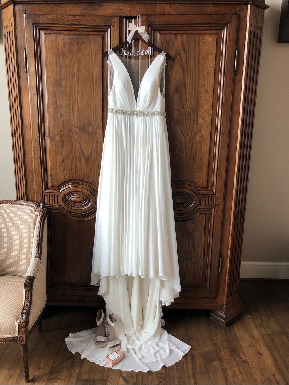 Jenny Yoo Ivory Pleated V-Neck Chiffon Wedding Dress with Beaded Waist